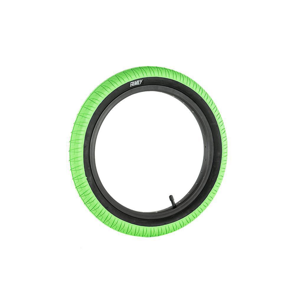 The Family BMX F2128 16 Inch Tyre in green, featuring a black inner rim, is displayed against a plain white background.