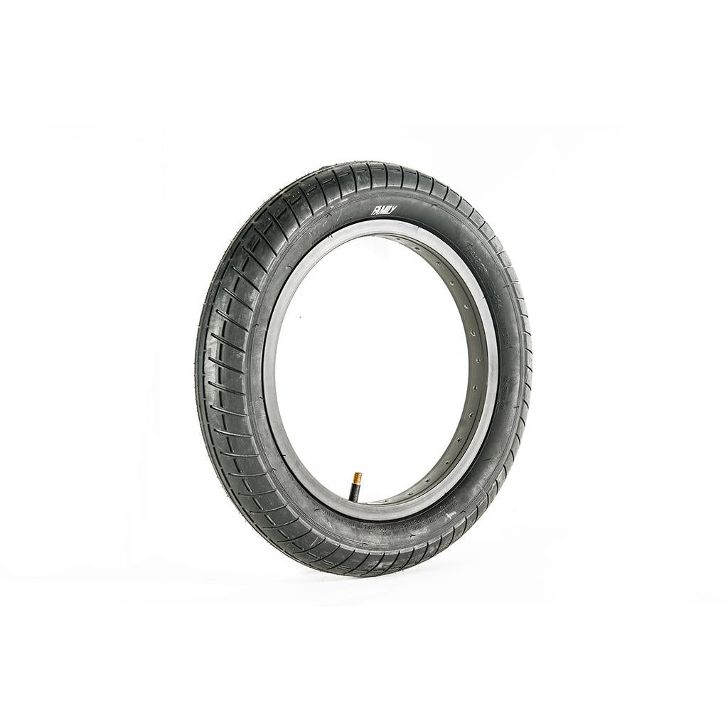The Family F2610 14 Inch Tyre, with its black color and sleek, slick tread pattern, stands upright against a white background. It's perfect for BMX enthusiasts who want stylish, functional, value-for-money tires without compromising on quality or performance.