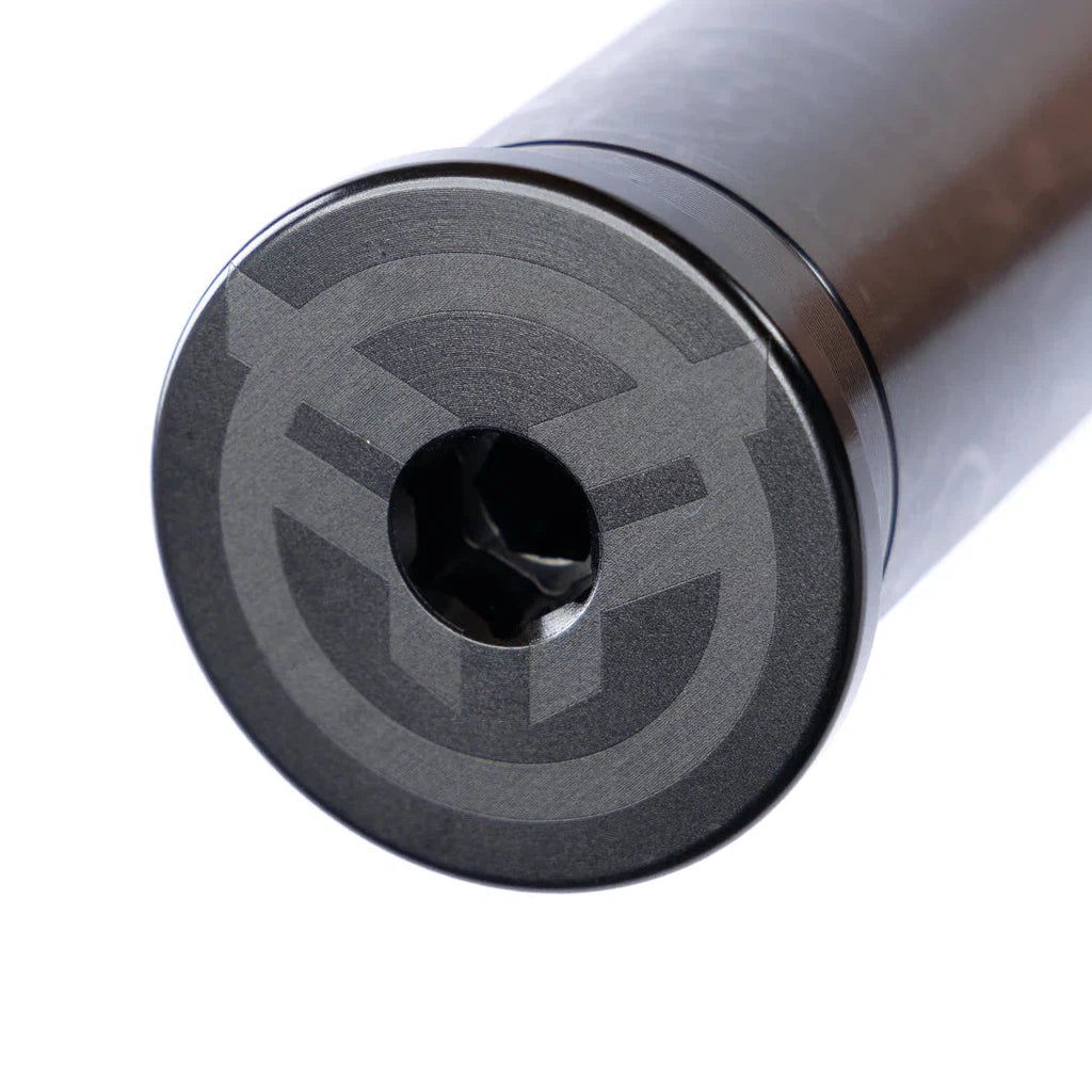 An image of a black barrel with a logo on it, featuring the Federal Assault 15 Forks with heat-treated 4130 crmo dropouts.