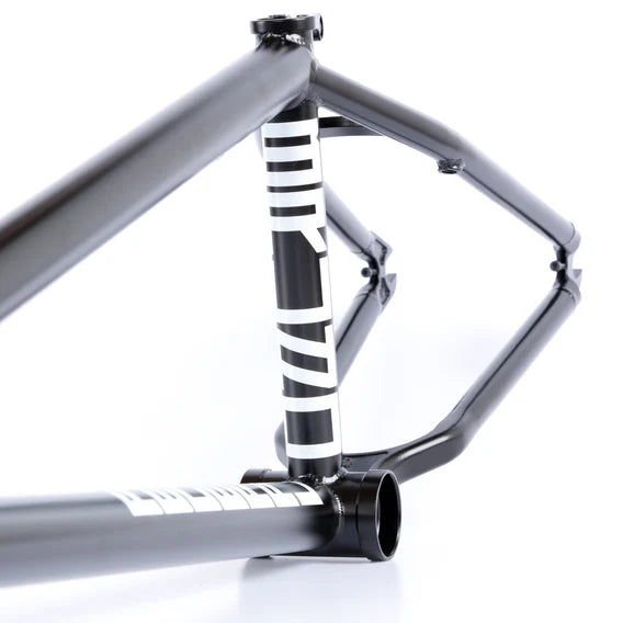 A close-up of the Federal Bruno ICS2 Frame in black with white geometric graphics, made from durable 4130 Chromoly tubing, shown against a white background.