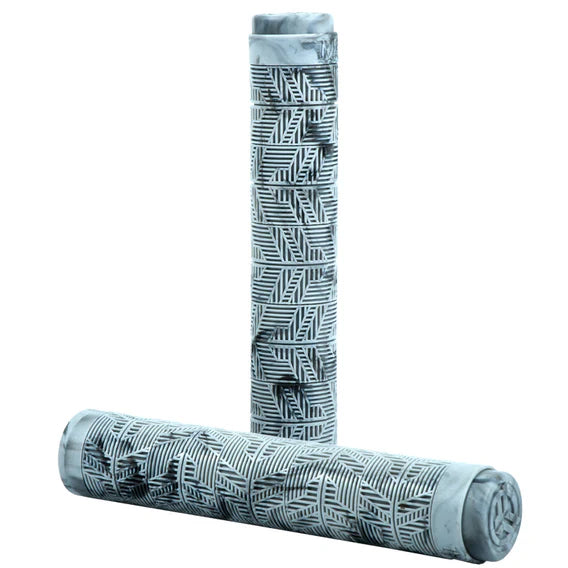 Federal Command Flangeless Grips—two cylindrical BMX grips with a black and gray ribbed geometric pattern, one upright and one laying horizontally in front.