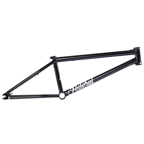 Black Federal Lacey 3 BMX frame featuring a white "Federal" logo and investment cast dropouts, displayed on a white background and viewed from the side.