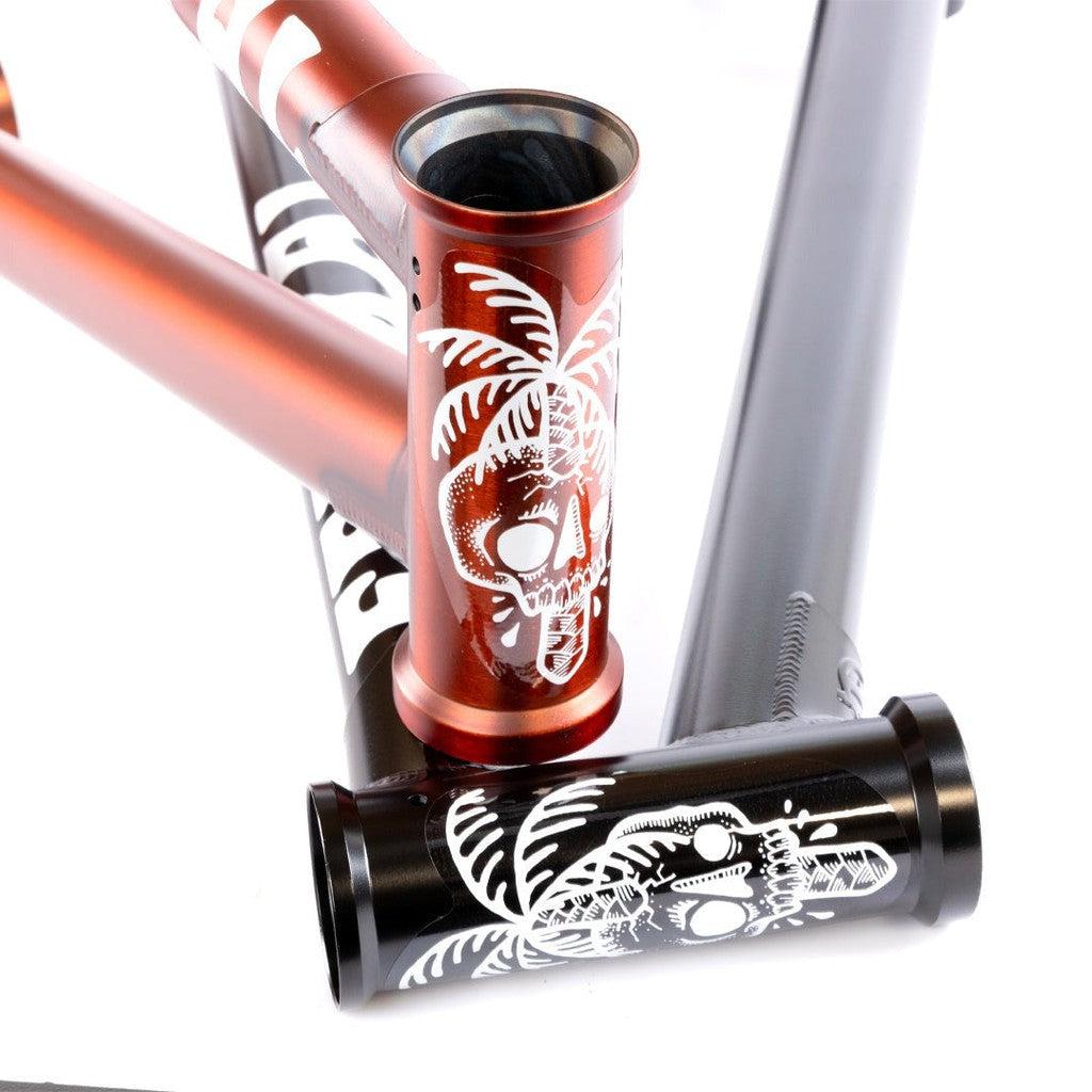 Close-up of two Federal Boyd 18 Inch ICS2 Frames, one red and one black, likely children's BMX models, each featuring a white skull with a palm tree graphic near the head tube.