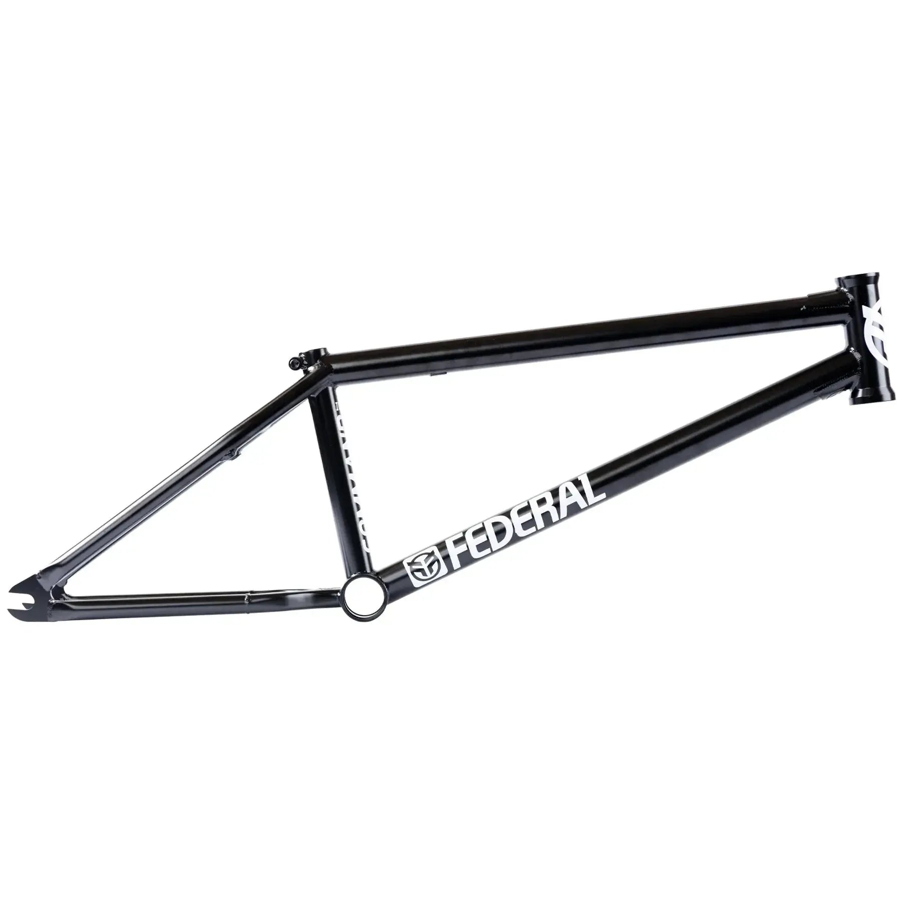 The Federal Command ICS2 Frame, a black BMX bike frame, showcases the "Federal" logo and is crafted from durable 4130 Chromoly, featuring an expertly designed ICS wishbone for enhanced performance.