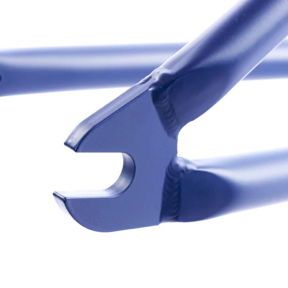 Close-up view of a blue metal bicycle fork from the Federal Command ICS2 Frame, made from 4130 Chromoly, with a visible drop-out against a white background.