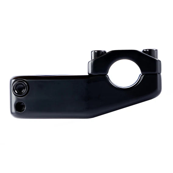 The Federal Element V2 Top Load Stem is a black bicycle stem made from cold forged 6061 aluminum, showcasing a sleek and smooth design with bolt holes visible on the side.