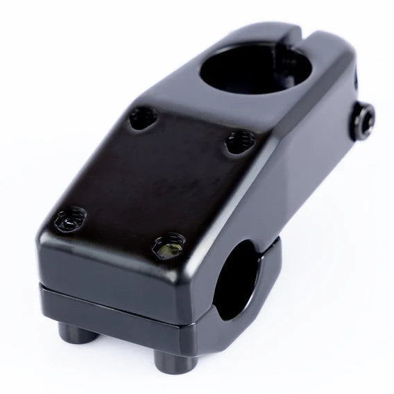 Close-up of the Federal Element V2 Top Load Stem, expertly crafted from cold forged 6061 aluminum and designed with screws to securely attach handlebars to a bike fork.