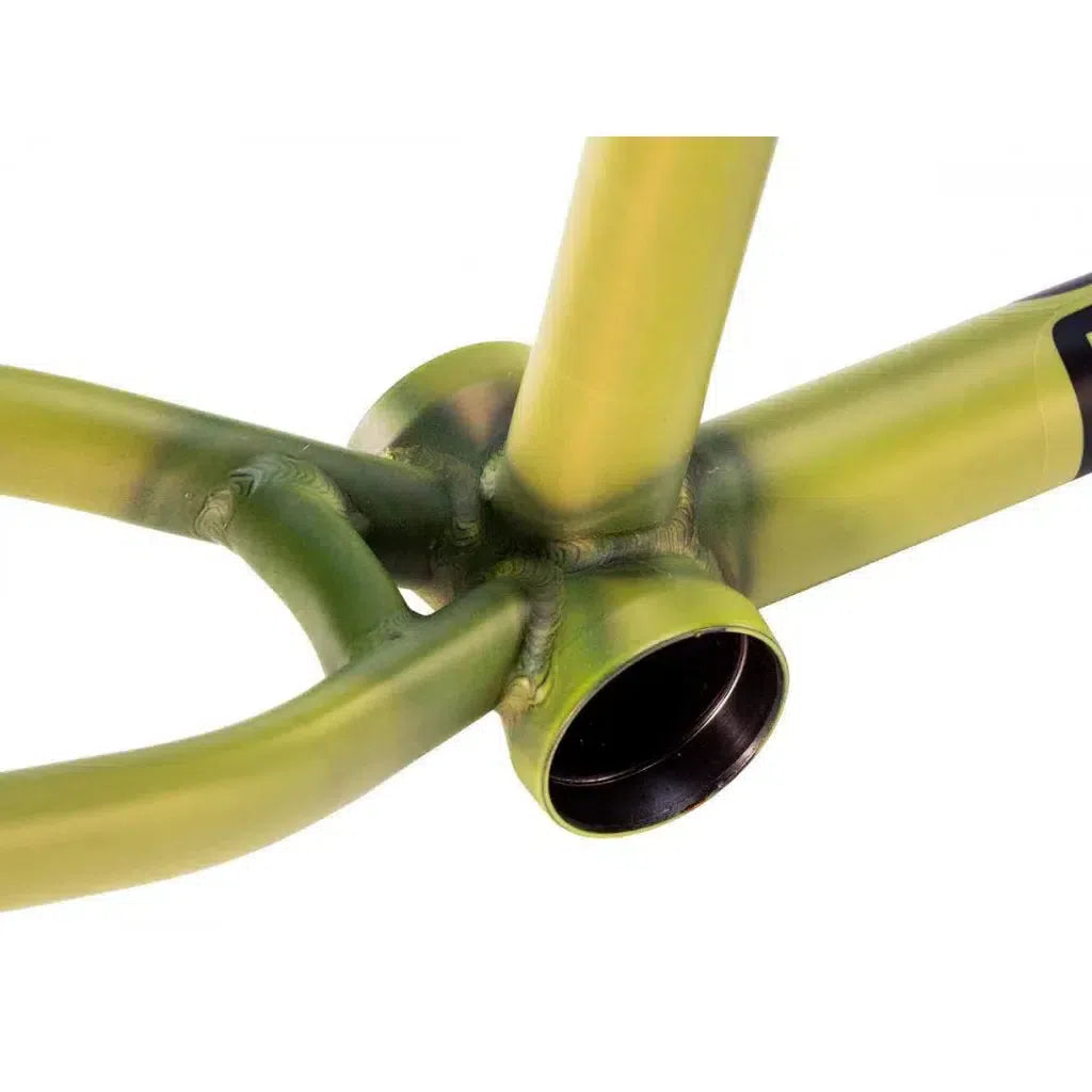 Close-up of the Fiend BMX Raekes Frame weld joint, highlighting smooth connections and a hollow tube opening.