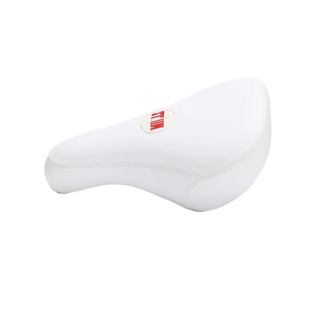 A white Fiend Mills Pivotal Seat (Lewis Mills Signature) bicycle saddle, featuring a red and white logo on top, displayed against a plain white background—ideal for BMX riders.