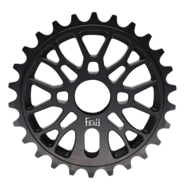 Fiend Omicron V2 Sprocket in black, featuring multiple cutouts and the “Fiend” logo near the center, displayed against a white background.