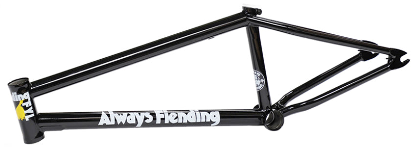 Fiend Reynolds V4 Frame (Garrett Reynolds Signature) in black, made from heat-treated 4130 chromoly, featuring bold white “Always Fiending” lettering on the main tube and yellow-and-white accents on the head tube.