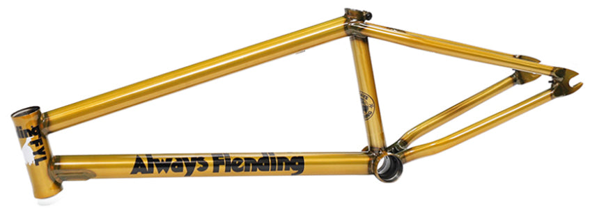The Fiend Reynolds V4 Frame (Garrett Reynolds Signature) is a gold BMX bike frame constructed from heat-treated 4130 chromoly, featuring bold black “Always Fiending” lettering on the lower tube, displayed against a plain white background.