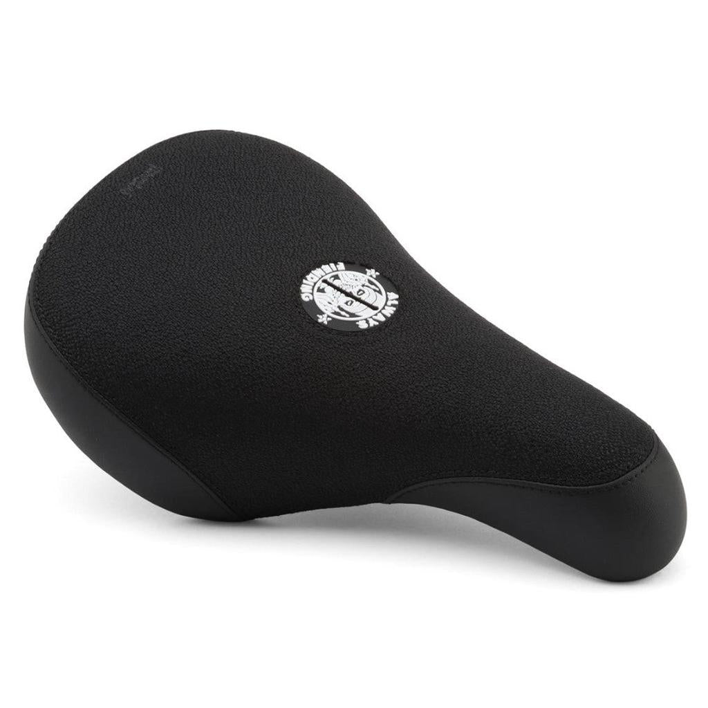 Black BMX seat with a textured finish, rounded shape, and Fiend Reynolds V2 Pivotal Seat logo in white at the center.