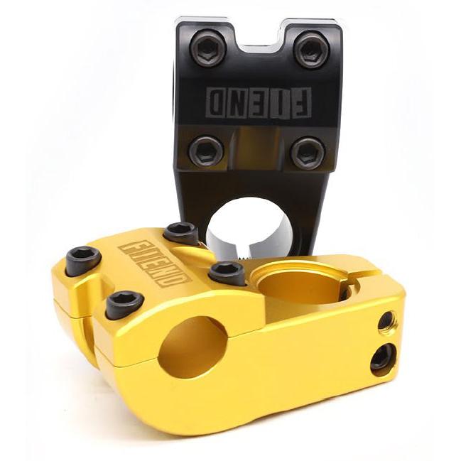 Two Fiend Ransom Top Load Stems—one gold, one black, each with "FIEND" branding and a 48mm reach—are shown upright, leaning against each other.