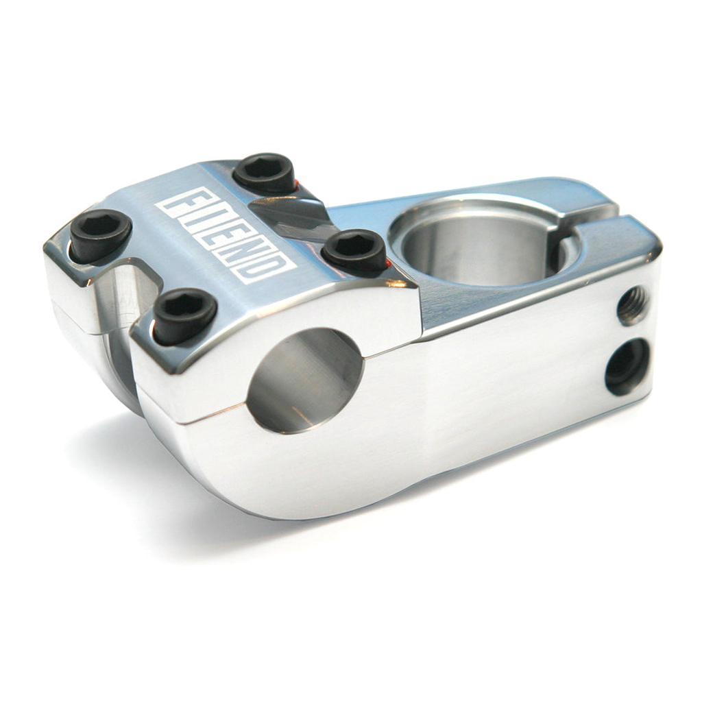 The Fiend Ransom Top Load Stem is a polished metal BMX stem with "FIEND" engraved on top, 48mm reach, four black hex bolts, and a clamp opening for handlebars.