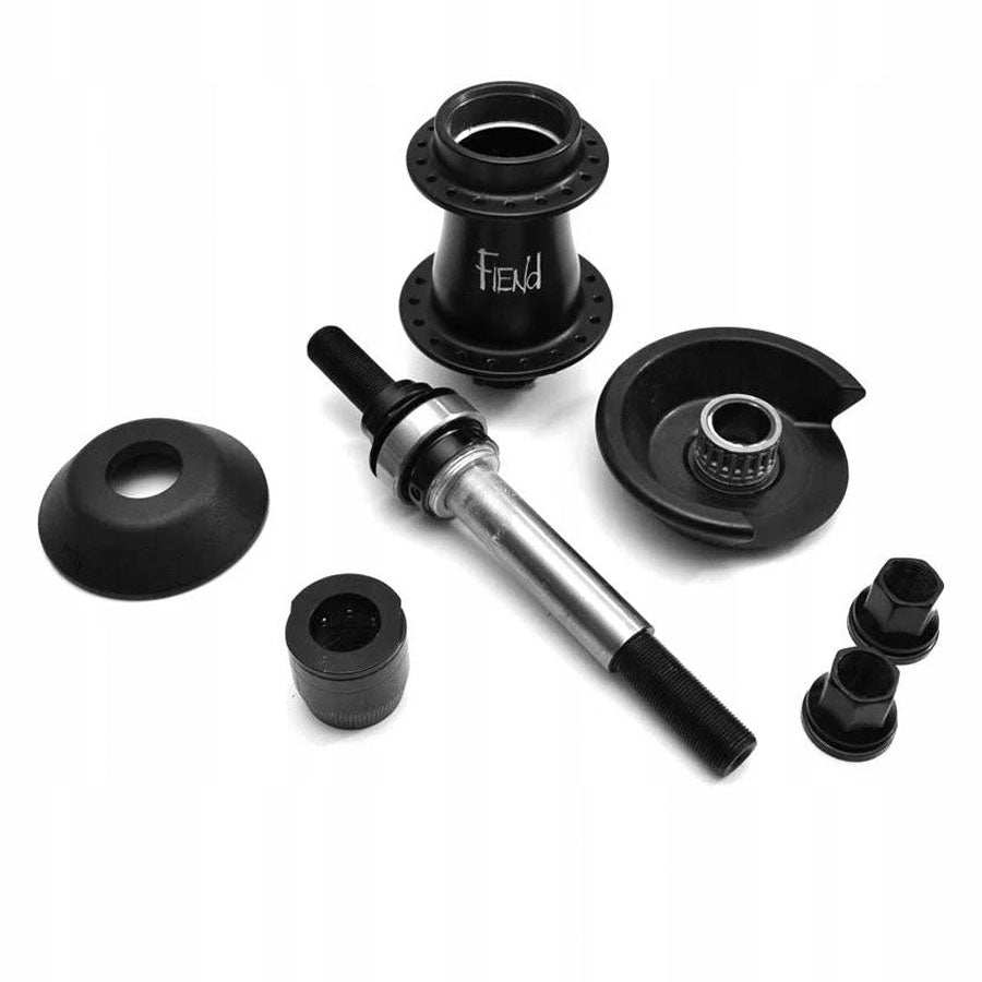 A set of black bicycle parts including Fiend Cab V2 Freecoaster Hub (9T) and cassette hub.