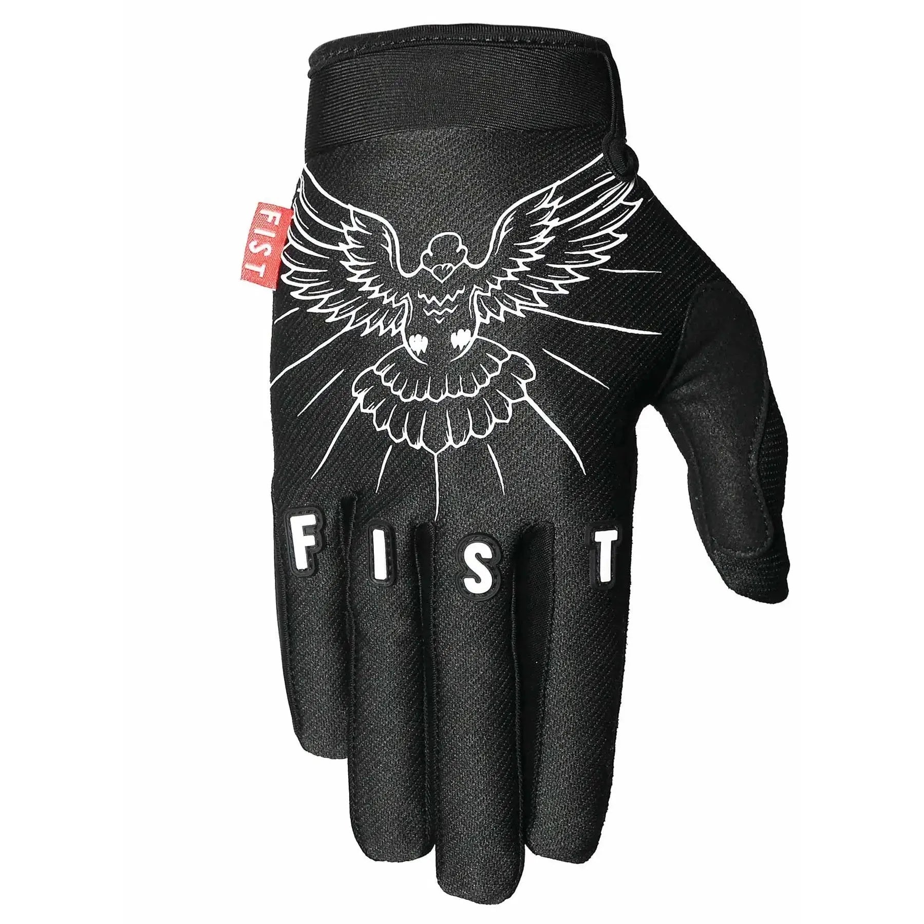 The Fist Dove Glove is a lightweight black glove adorned with a white bird illustration and the word "FIST" printed on the fingers, and it features touch screen conductive fingertips.