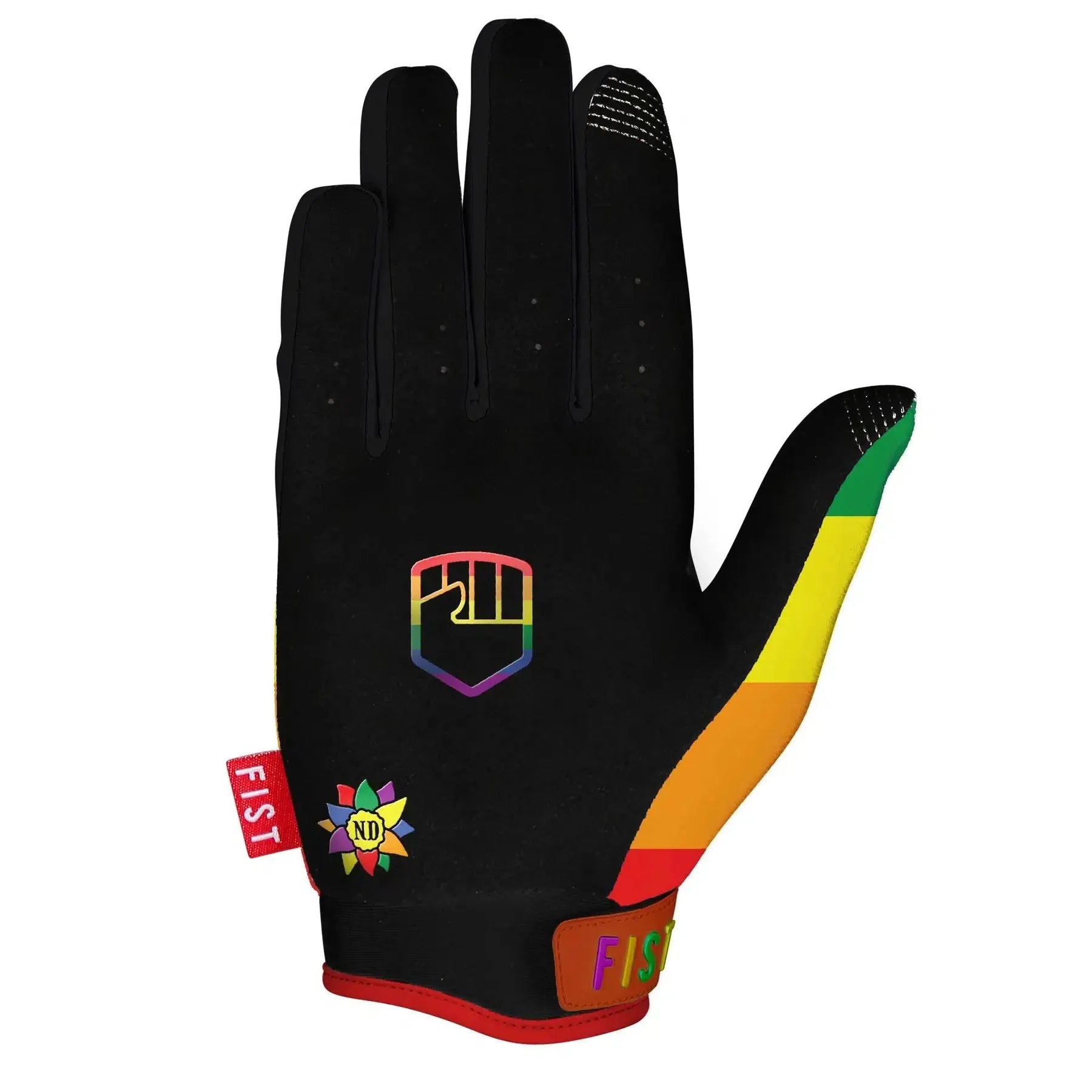 The Fist Natalya Diehm Rainbow glove features a sleek black base adorned with a fist logo, highlighted by a vibrant rainbow stripe along the edge. It also showcases an intricate flower design with "ND" at its center and includes "FIST" tags on both the wrist and side. Its lightweight construction ensures supreme comfort during maximum performance activities.