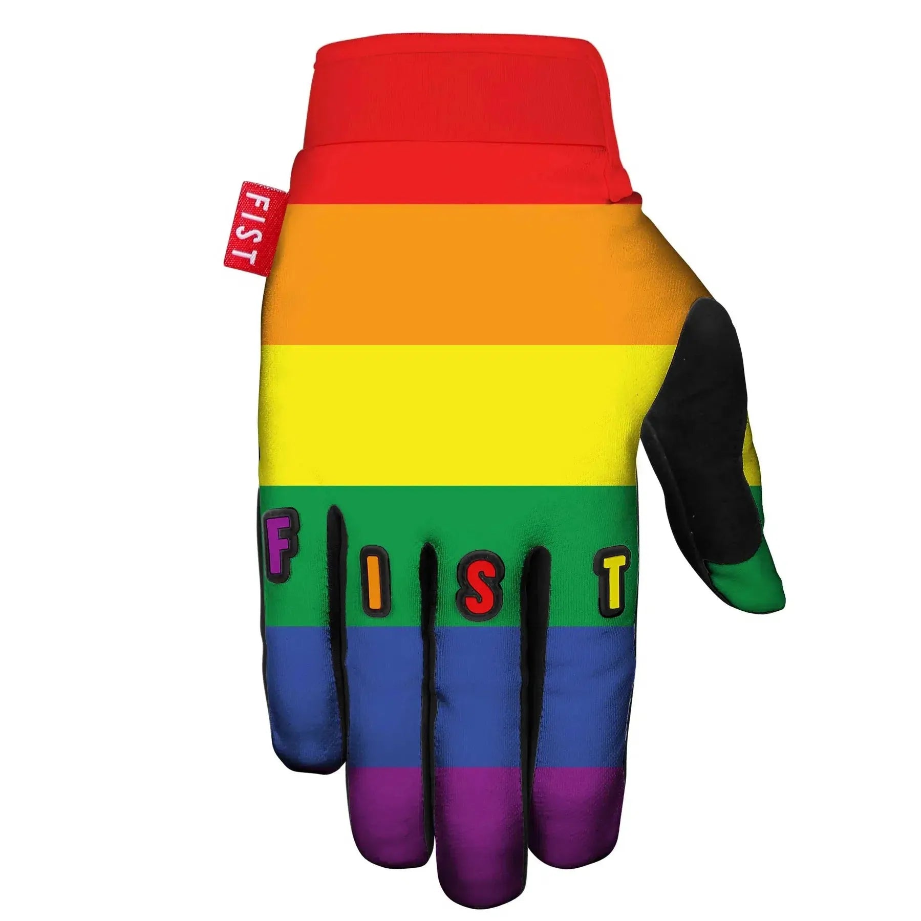 The Fist Natalya Diehm Rainbow is a lightweight glove adorned with vibrant rainbow stripes and features the word "FIST" in colorful letters on the fingers, designed for supreme comfort.