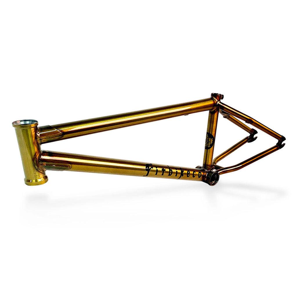 A gold metallic Fit Bike Co Hangman Frame (Jordan Hango Signature USA made) with classic geometry and a triangular design, featuring an integrated head tube and mounts for a rear brake—truly a Canadian street beast.