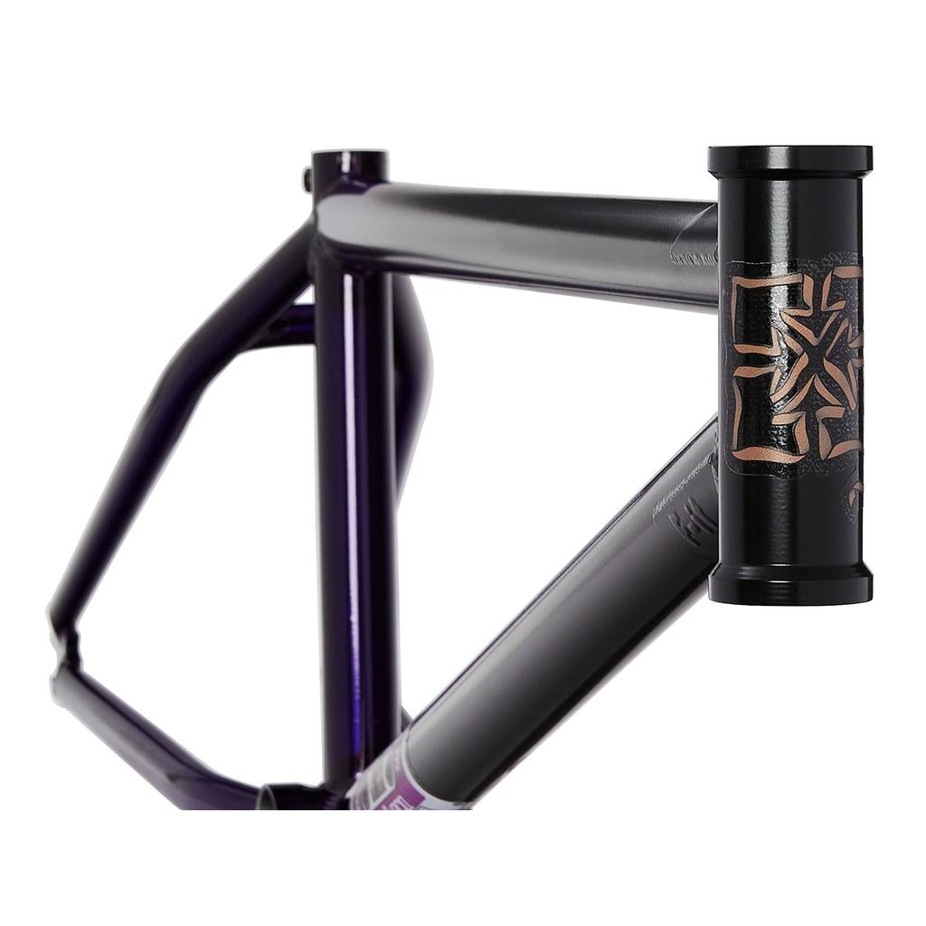 Close-up of a Fit Bike Co Mixtape Frame (Matt Nordstrom Signature) featuring a geometric design on the head tube in black and purple, highlighting its responsive geometry.