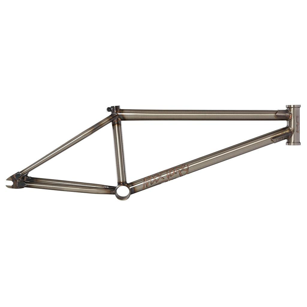 The Fit Bike Co Mixtape Frame, a Matt Nordstrom Signature, is a BMX frame with a metallic finish, featuring street design and responsive geometry, complete with a triangular structure and visible welding seams.