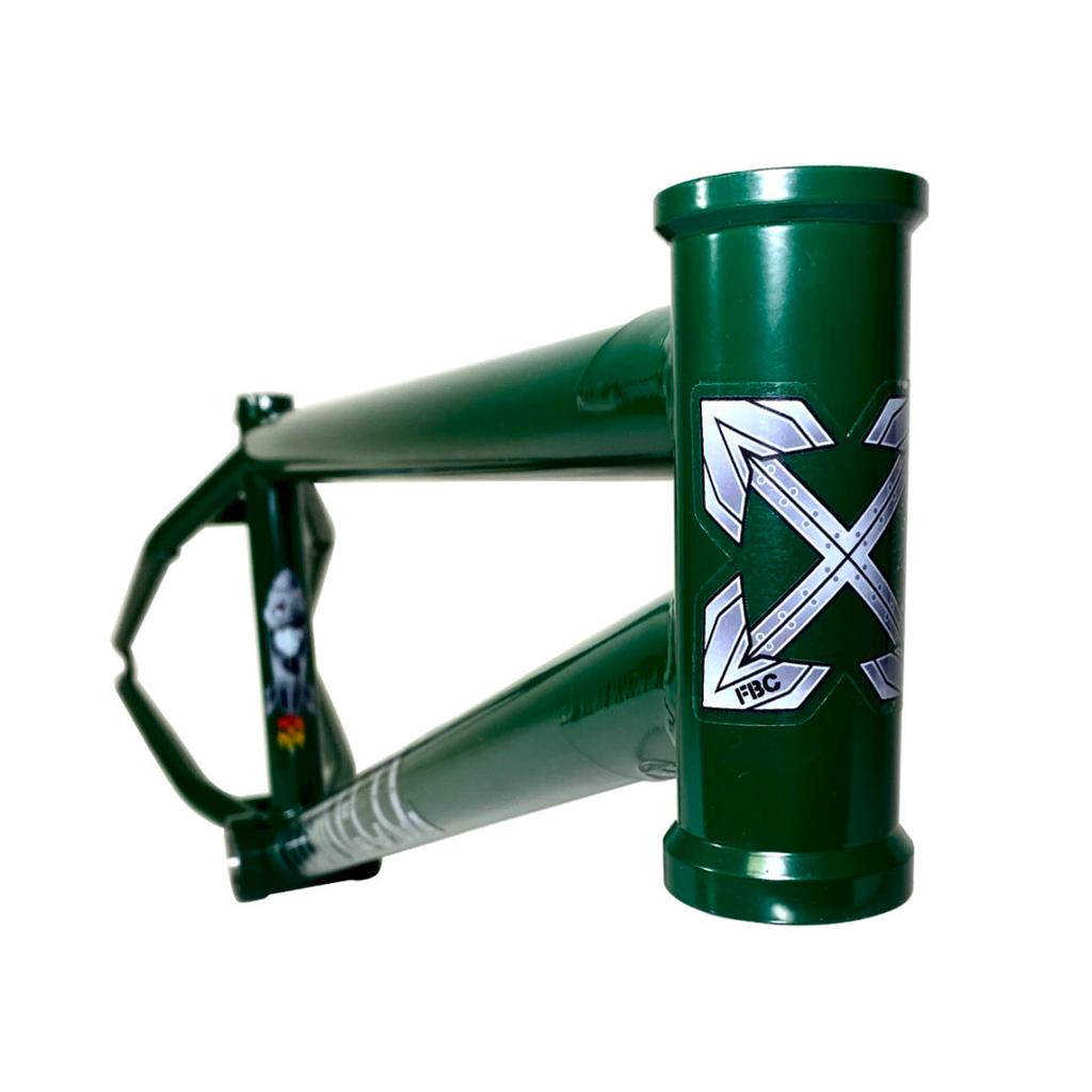 Close-up of the Fit Bike Co Squib 20 Inch chromoly frame in green, featuring silver arrow graphics on the front tube; ideal for trail/transition enthusiasts.