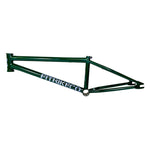 The Fit Bike Co Squib 20 Inch Frame, featuring "FITBIKECO" on its green chromoly construction, is perfect for trails/transition geometry. It's designed for smaller riders seeking strength and performance.