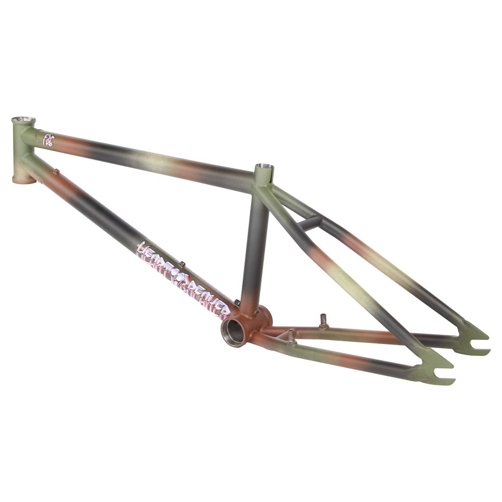 The Fit Heartbreaker Frame (Chris Harti) features a striking camouflage pattern accented with bold "LEMONYELLOW" lettering on the down tube, capturing Chris Harti's unique flair and style.