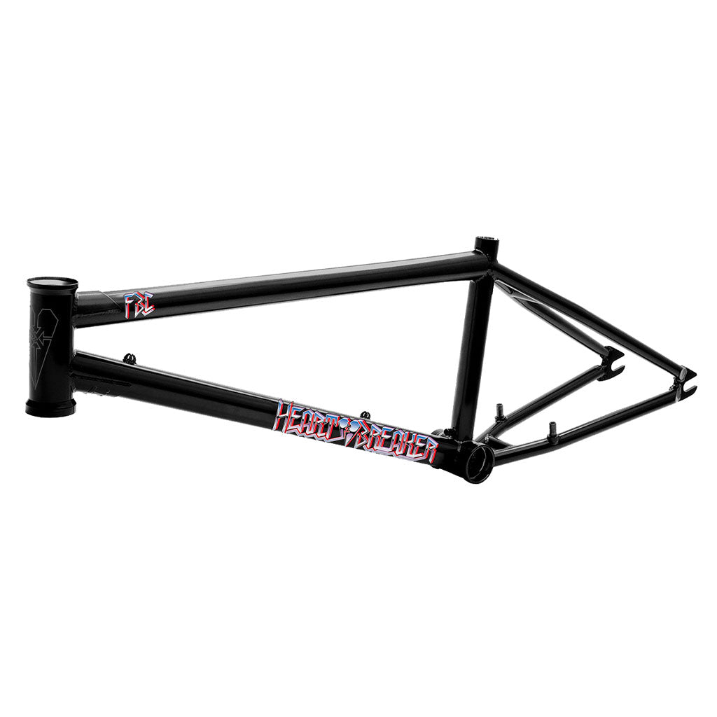 The black BMX frame with "Heavy Hitter" in red and white text on the side and a stylized heart design near the front resembles the Fit Heartbreaker Frame.