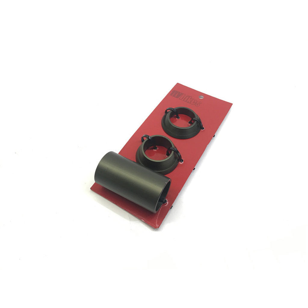 Three black Fly 22mm Spanish BB spacers, cylindrical metal components, rest on a red mounting card against a white background.