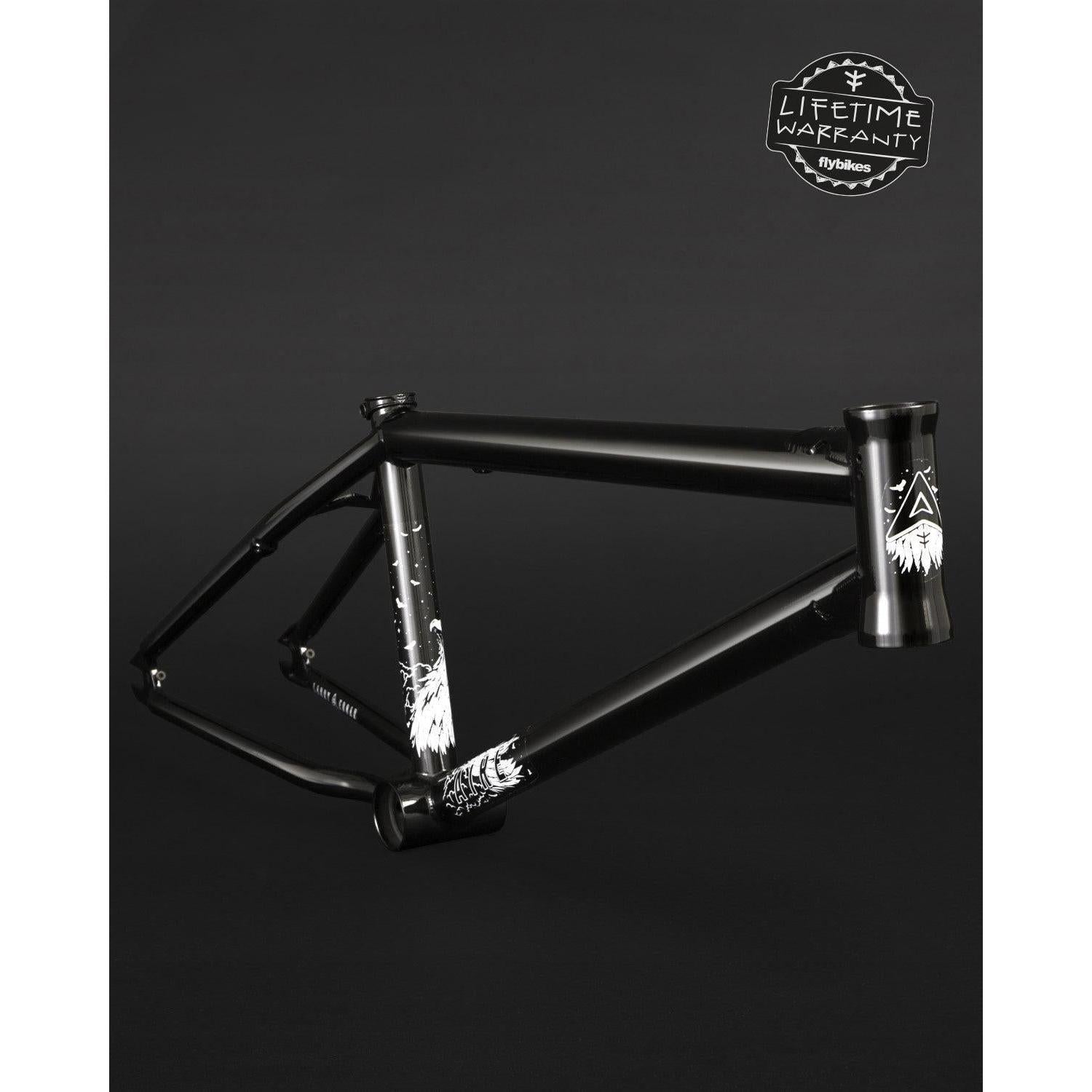 The Fly Bikes Aire Frame, crafted from durable 4130 Cr-Mo with white graphics on a dark background, comes with a "Lifetime Warranty" badge in the corner, ensuring strength and resilience for all your cycling adventures.