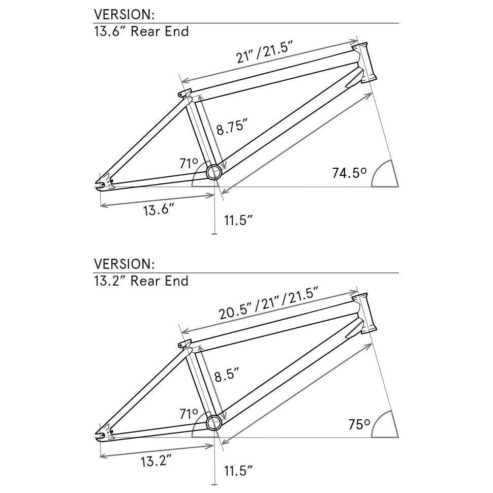 Diagram of two bicycle frame designs, showing geometry with labeled dimensions and angles; the top version is a Fly Bikes Dove 13.6 Frame (Josh Dove Signature) featuring a 13.6" rear end, while the lower design has a 13.2" rear end and steeper seat tube angle for transition riding.