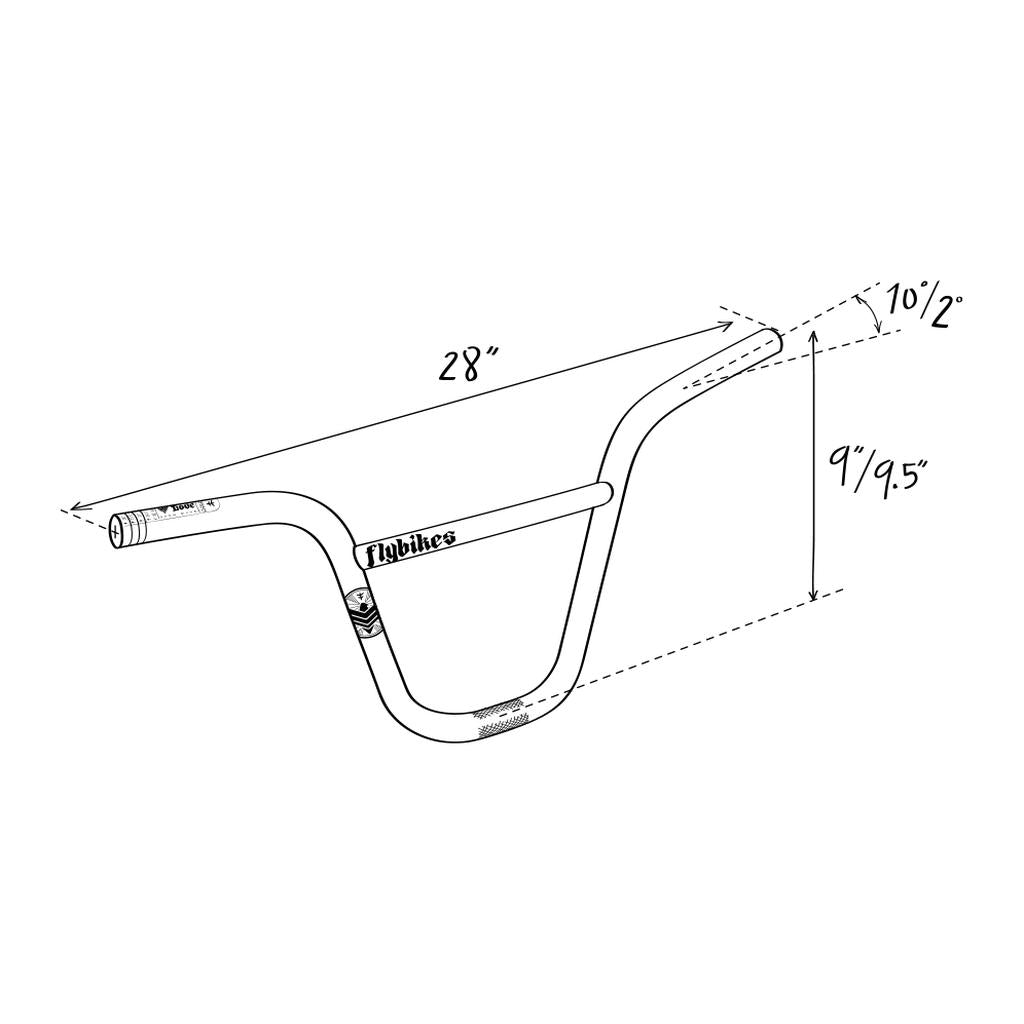 Fly Bikes Dove Bars are BMX handlebars made from multi-butted 4130 CrMo, with a width of 28", and height options of 9" or 9.5". They feature a 10° back sweep and 2° up sweep, ensuring durability and precision, plus a lifetime warranty for peace of mind.