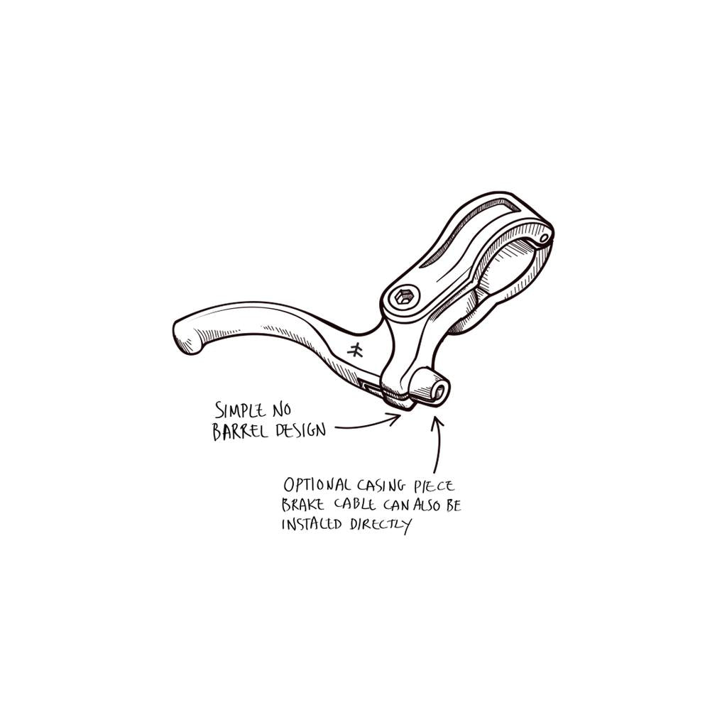 The Fly Bikes Manual Lever Mini is a Junior BMX brake lever with a simple no barrel design. It includes an optional casing piece, allowing the brake cable to be installed directly, and features CNC brass bushings for smooth operation.