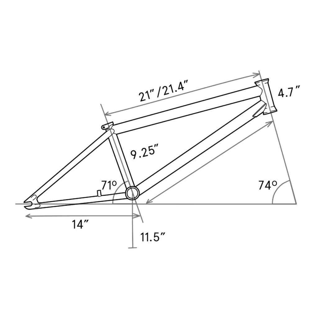 Diagram of the Fly Bikes Motosierra Frame with trail-specific geometry: top tube 21"/21.4", seat tube 9.25", chainstay 14" with welded brake mounts, head tube 4.7", and bottom bracket angles of 71° and 74°.
