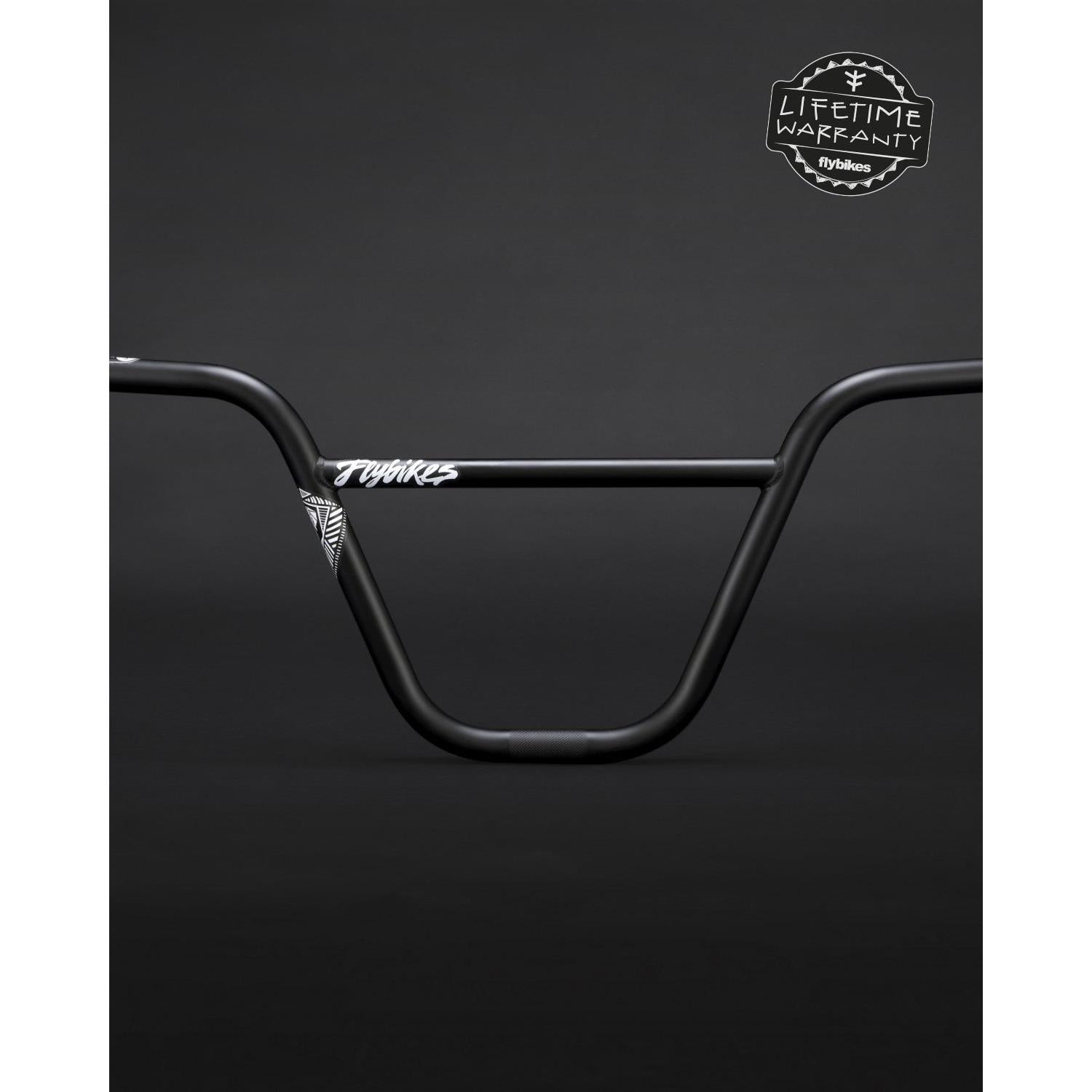The Fly Bikes Savanna Bars, black BMX handlebars, are made from durable 4130 CrMo steel with a "Lifetime Warranty" displayed in the top right corner on a dark background.