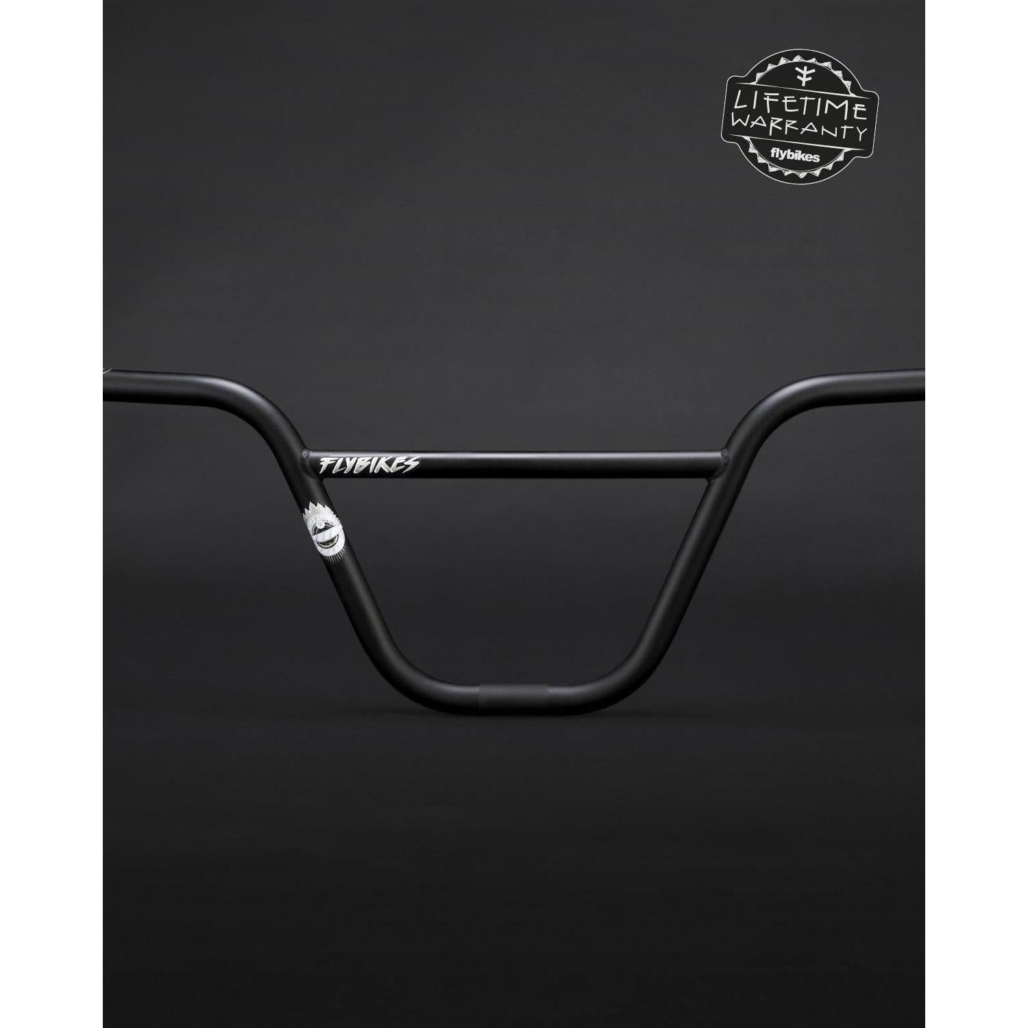 The Fly Bikes Sierra Bars are black BMX handlebars made from 4130 CrMo steel with multi-butted technology and a "Lifetime Warranty" badge on a dark background.