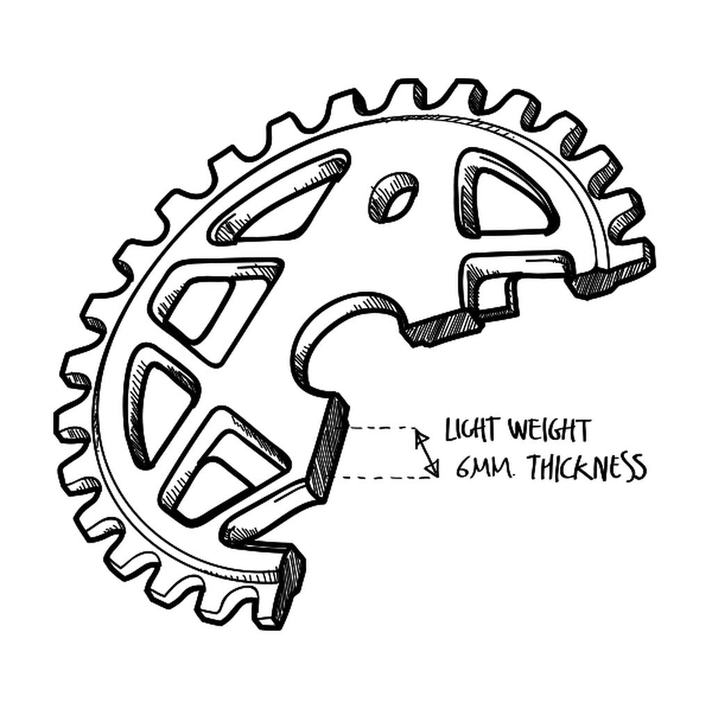 Illustration of the Fly Bikes Tractor TT Sprocket, made from lightweight 6061 T-6 Aluminum with a precise 6mm thickness.