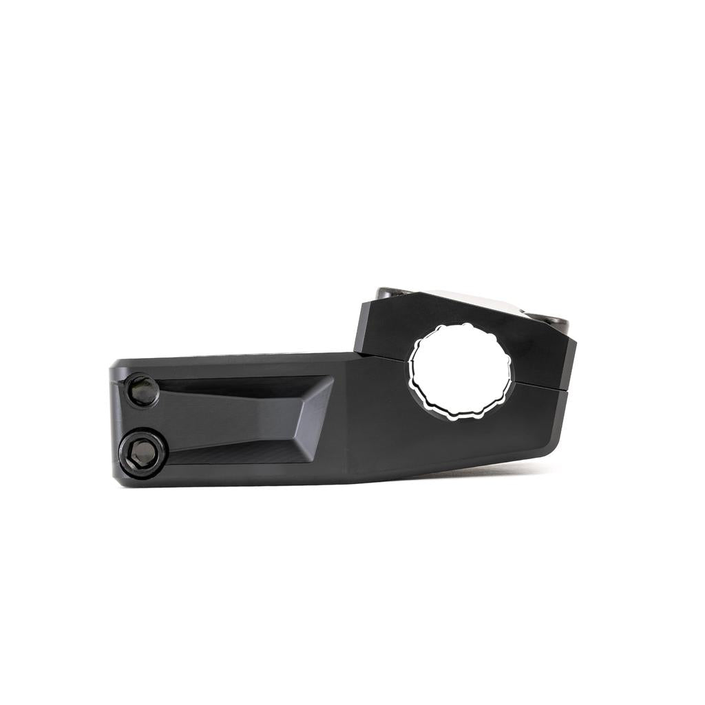 The Fly Bikes Volcano Top Load 25 M Stem, crafted from durable 6061-T6 aluminum, features a precise geometric design with a cylindrical opening and dual screw holes for secure attachment. Ideal for applications demanding precision and strength.