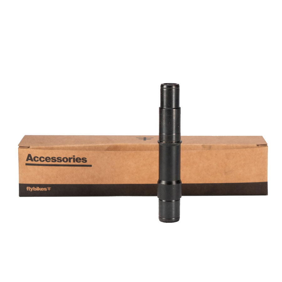 A black tube with a box in front of it, perfect for Fly Bikes enthusiasts looking for a replacement Fly Bikes Magneto Female Rear Axle Cromo.