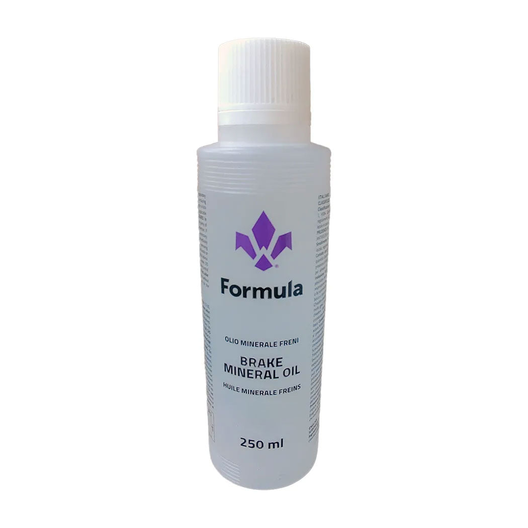 A 250 ml bottle of Formula Mineral Oil Brake Fluid, featuring a white cap and purple logo, ensures optimal braking performance on a plain background.