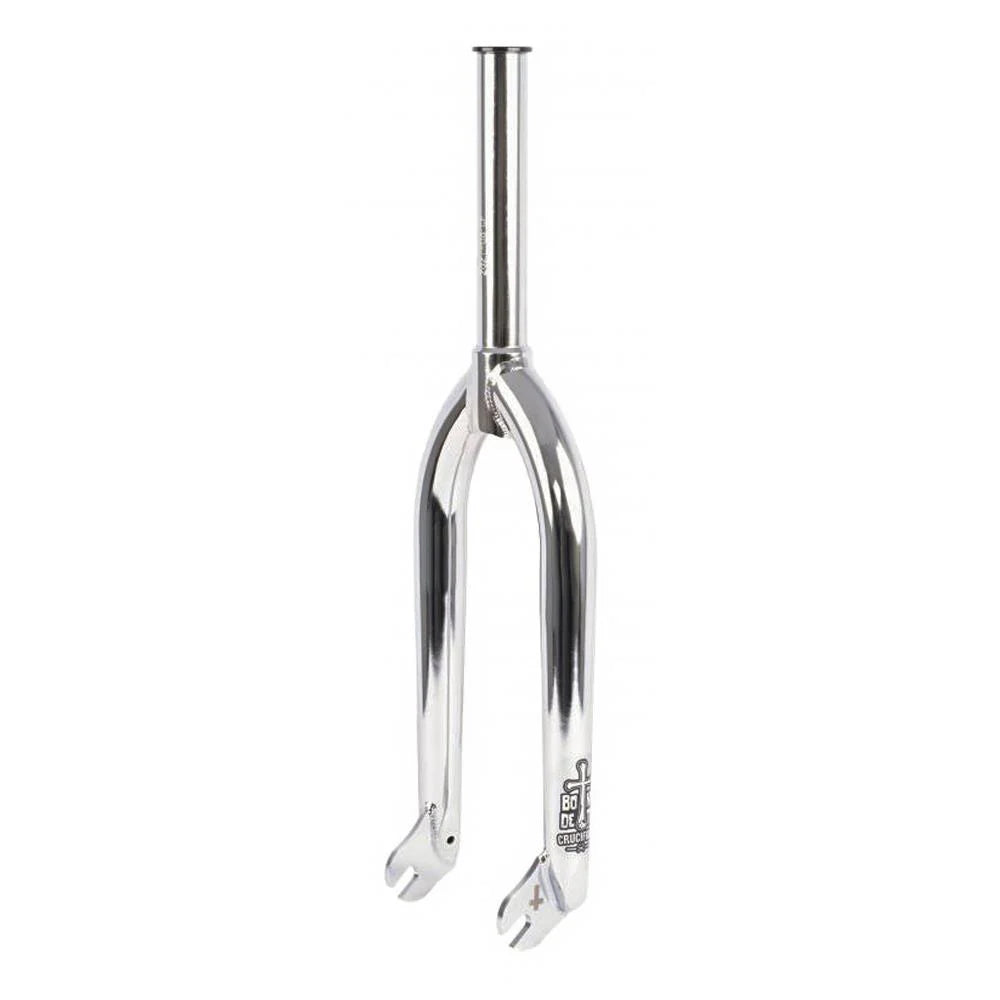 The Bone Deth Cruciforx Forks feature a chrome finish, straight steerer tube, 28mm offset, and dropouts for front wheel axle attachment.