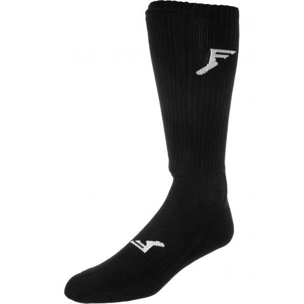 A pair of FP Painkiller Socks Black Knee Hi, featuring black knee-high design with white logos near the top and foot, and painkiller socks technology for added comfort, displayed on a plain background.