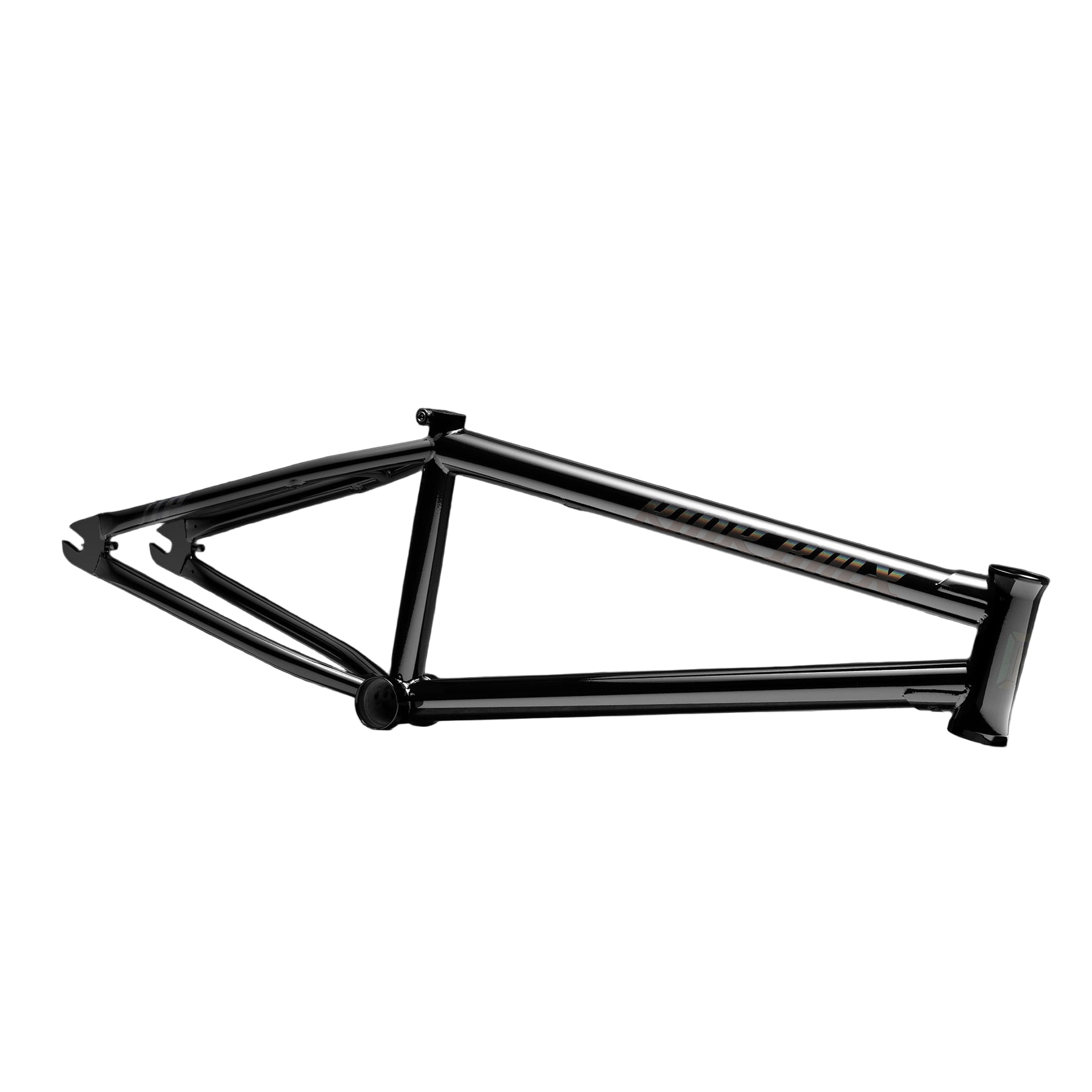 The Kink Prophet Frame, a black Chromoly BMX frame with integrated chain tensioners, is displayed on a concrete floor against a dark, textured background.