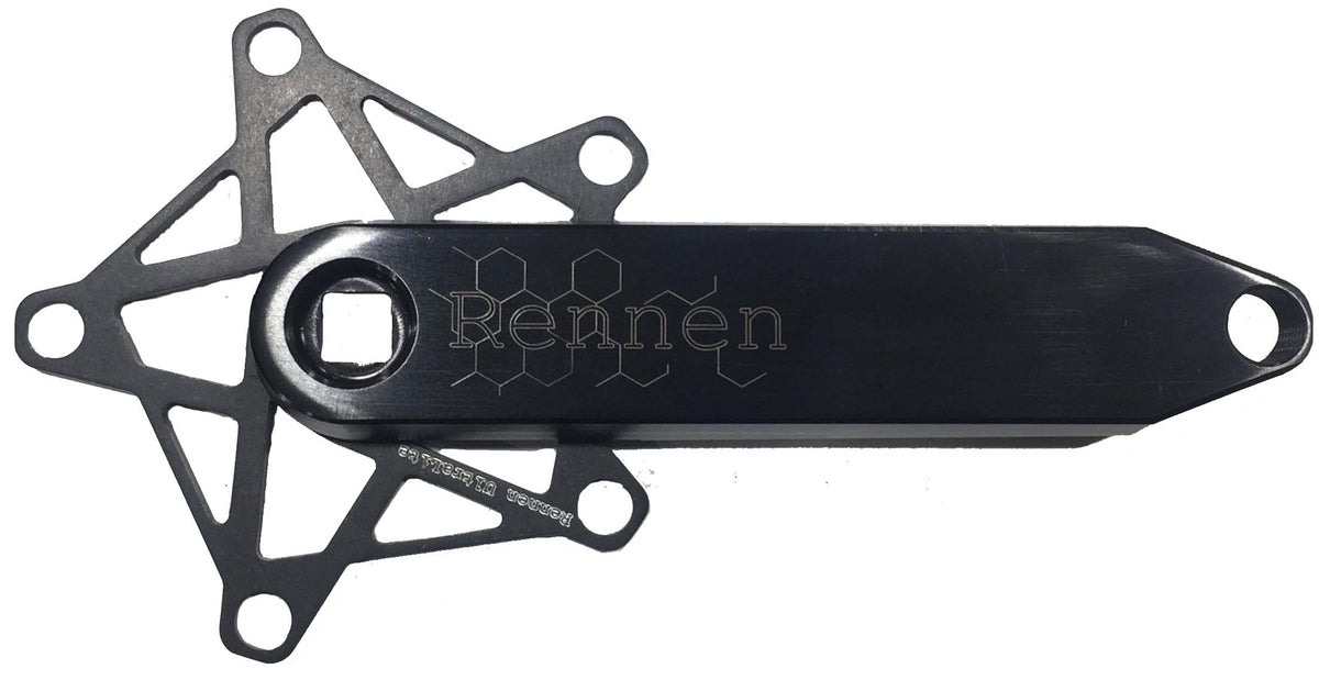 The Rennen Hive Mini Square Tapered Cranks are black metal bicycle crank arms with “Rennën” etched on the side, precision-crafted from premium 7075-T6 aluminum. Designed as one of the lightest square taper cranks available, they feature a geometric, star-shaped spider for secure chainring mounting.