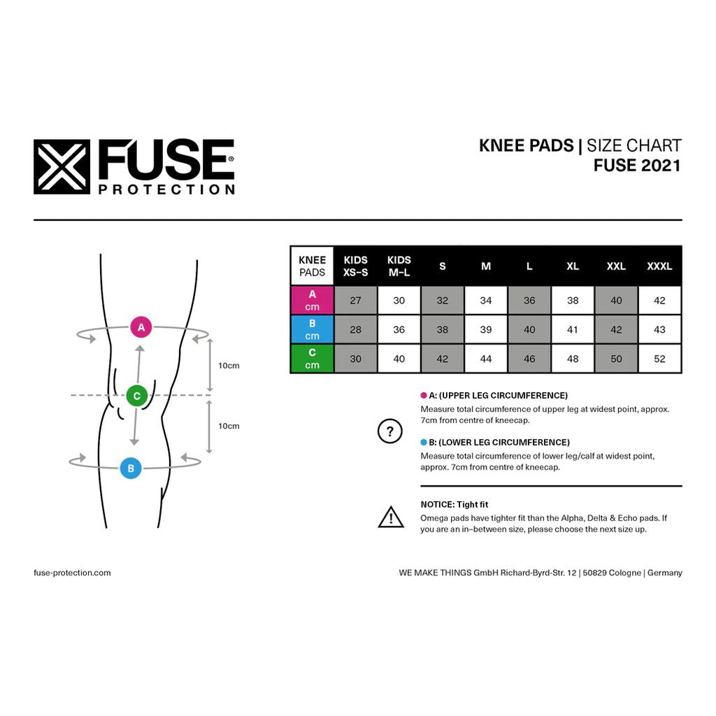 The sizing chart for Fuse Alpha Knee Sleeves (Pair) ranges from Kids XS-S to Adult XXXL and includes measurement guidelines for the thigh (A) and lower leg (B) circumference in centimeters. These knee sleeves feature EVA foam padding and Sharkskin neoprene gripper for a secure fit and comfort.