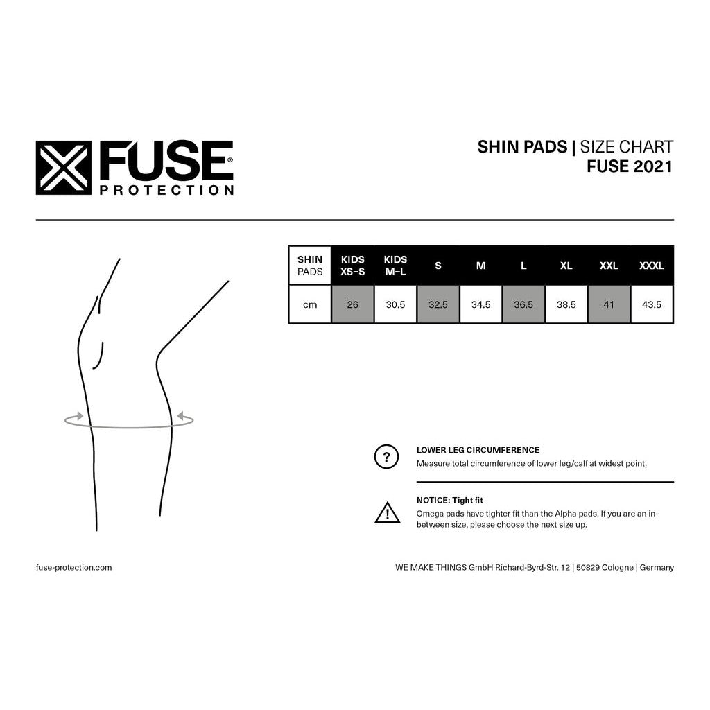 Fuse Alpha Whip Shin Ankle Combo Pads size chart (2021) shows leg circumference in cm for sizes XS–XXL with a simple leg diagram. Features Cordura front and nylon hard shield for shin, whip, and ankle protection.