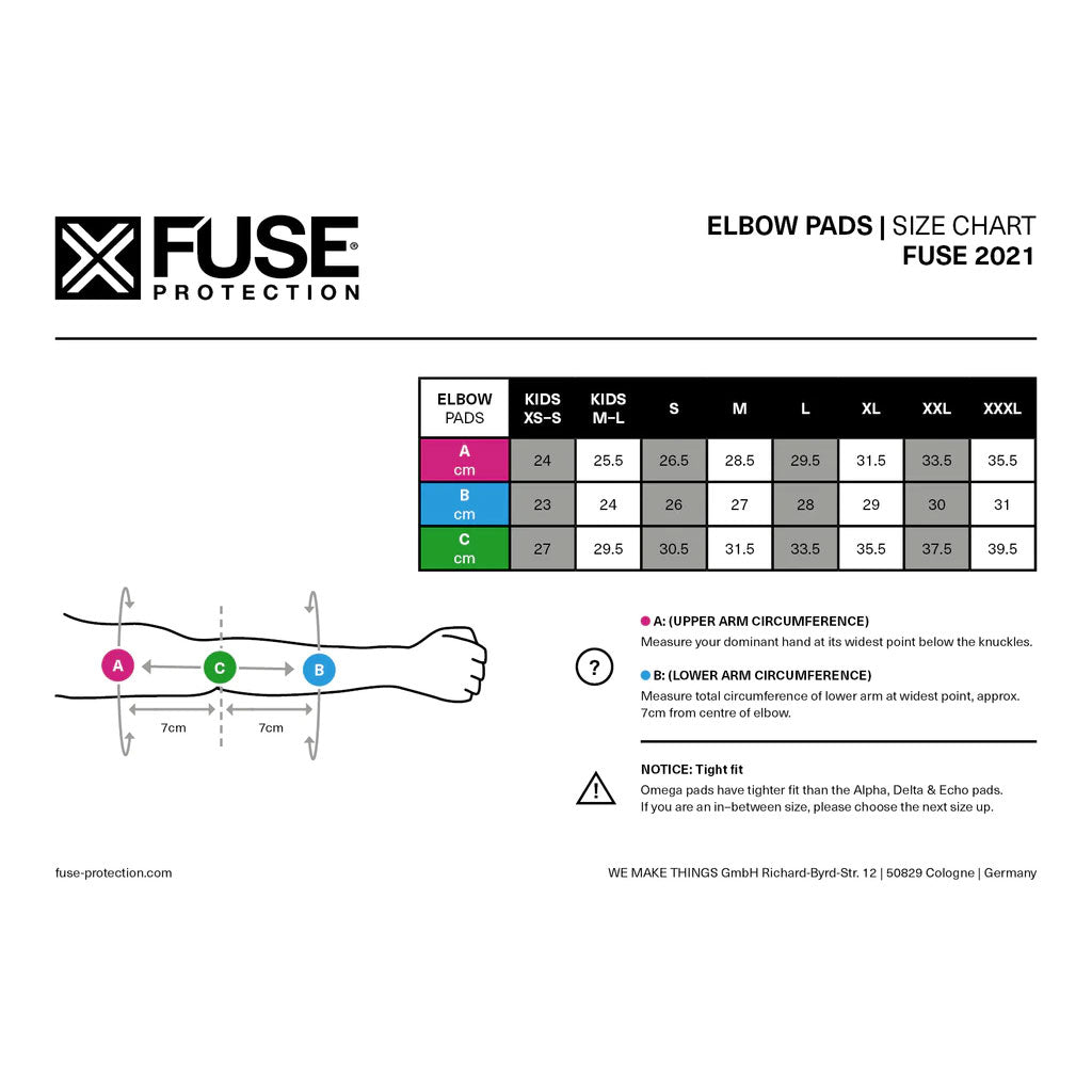 Fuse Omega Elbow Pads size chart for 2021, showcasing measurements from Kids XS-S to XXL. Instructions include how to measure arm circumference at specified points. The pads feature a SAS-TEC insert and are made with breathable Lycra for added comfort.
