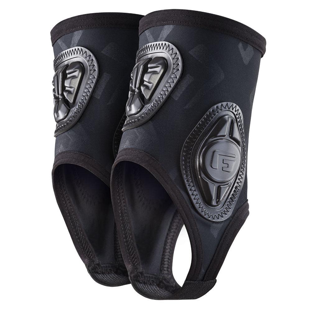 The G-Form Pro-X Ankle Guards (Pair) are black neoprene guards equipped with SmartFlex pads for superior impact protection, featuring protective padding and cut-outs for the heel and toe.
